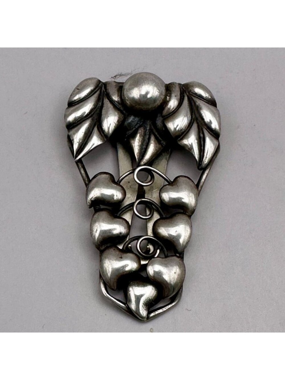 Art Nouveau Dress Clip Sterling Silver Leaf Berry Hearts Arts & Crafts Design